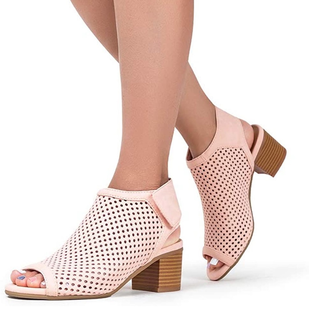 SODA Booties Pink Blush Perforated Cut Out Stacked Heel Peep Toe Size 5